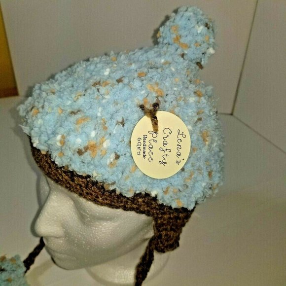 Toddler Child Lt Blue Brown Handmade Knitted Crochet Pom Pom Earflap Bomber Hat - Picture 8 of 9